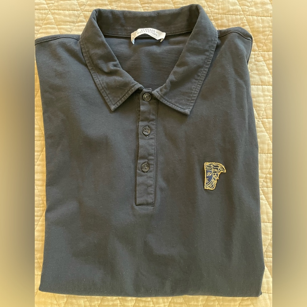 VERSACE COLLECTION Half Medusa Logo 3-Button Placket Polo Shirt in Navy Size XL